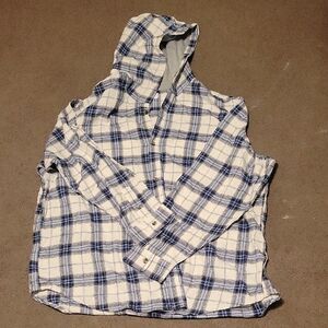 Old Navy White and Navy Plaid Hooded Button-Down Shirt